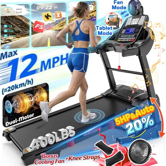 5HP Foldable Treadmill for Home w/ 20% Auto Incline, 400lbs Capacity, 12MPH Portable Treadmill, 64+7 Programs, Personalized Workout with APP, Running Walking treadmill