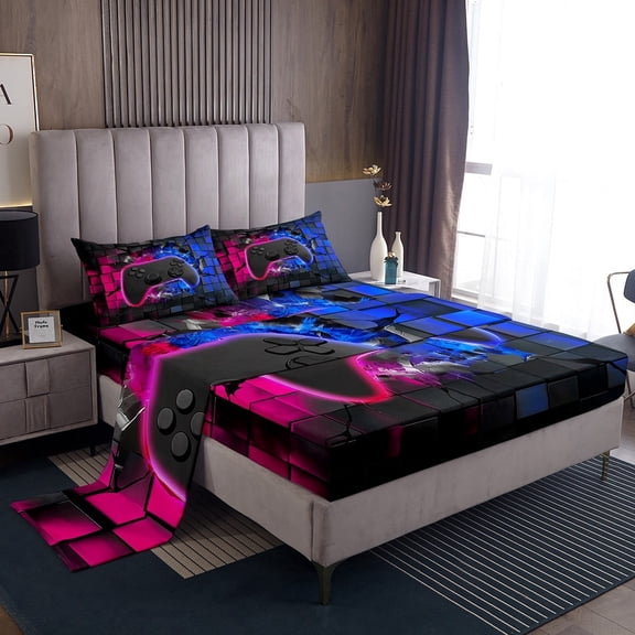 Erosebridal Video Game Sheet Set Twin,Geometric Plaid Bedding Sets Twin Size,Gradient Gamepads Twin Sheet Sets,Lightweight Buffalo Room Decorative,3pcs