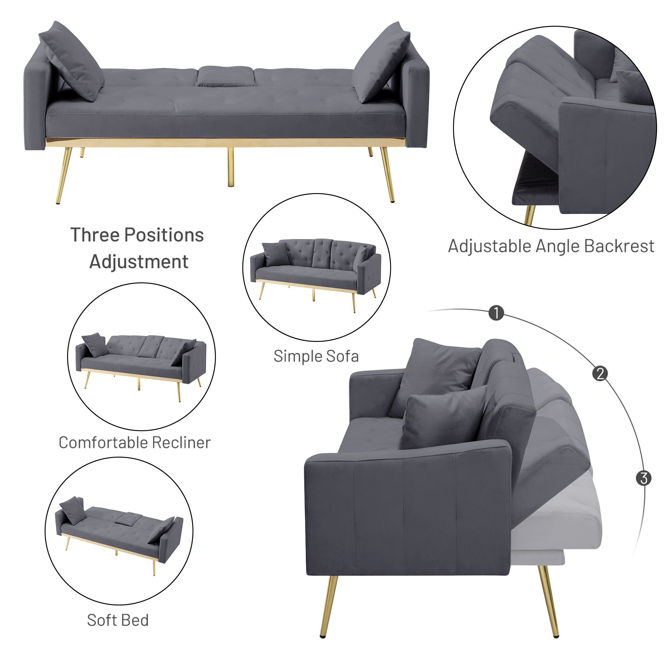 Aukfa Velvet Futon Convertible Sofa Bed for Home Office, 2 Pillows& Cup Holders, Tufted Futon, Gray
