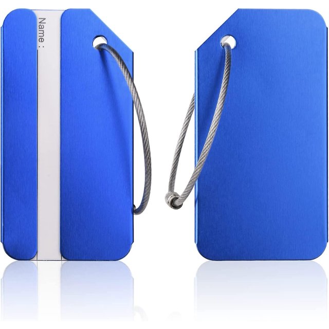 2 etiquetas de equipaje azules, etiqueta de equipaje de aluminio con cordón de acero inoxidable, etiqueta de equipaje de aluminio con tarjeta de identificación