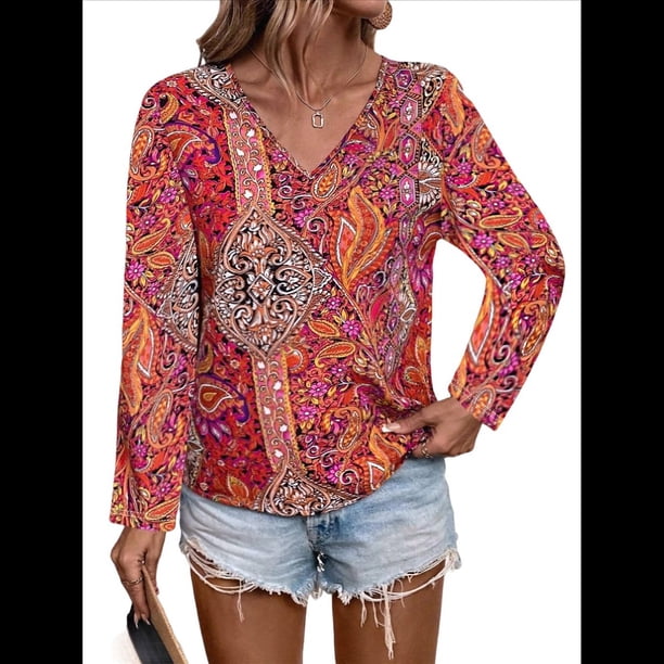 Blusas Casuales de Larga con Cuello en V y Estampado Bohemio para Mujer 4 Colores Mezclados XL
