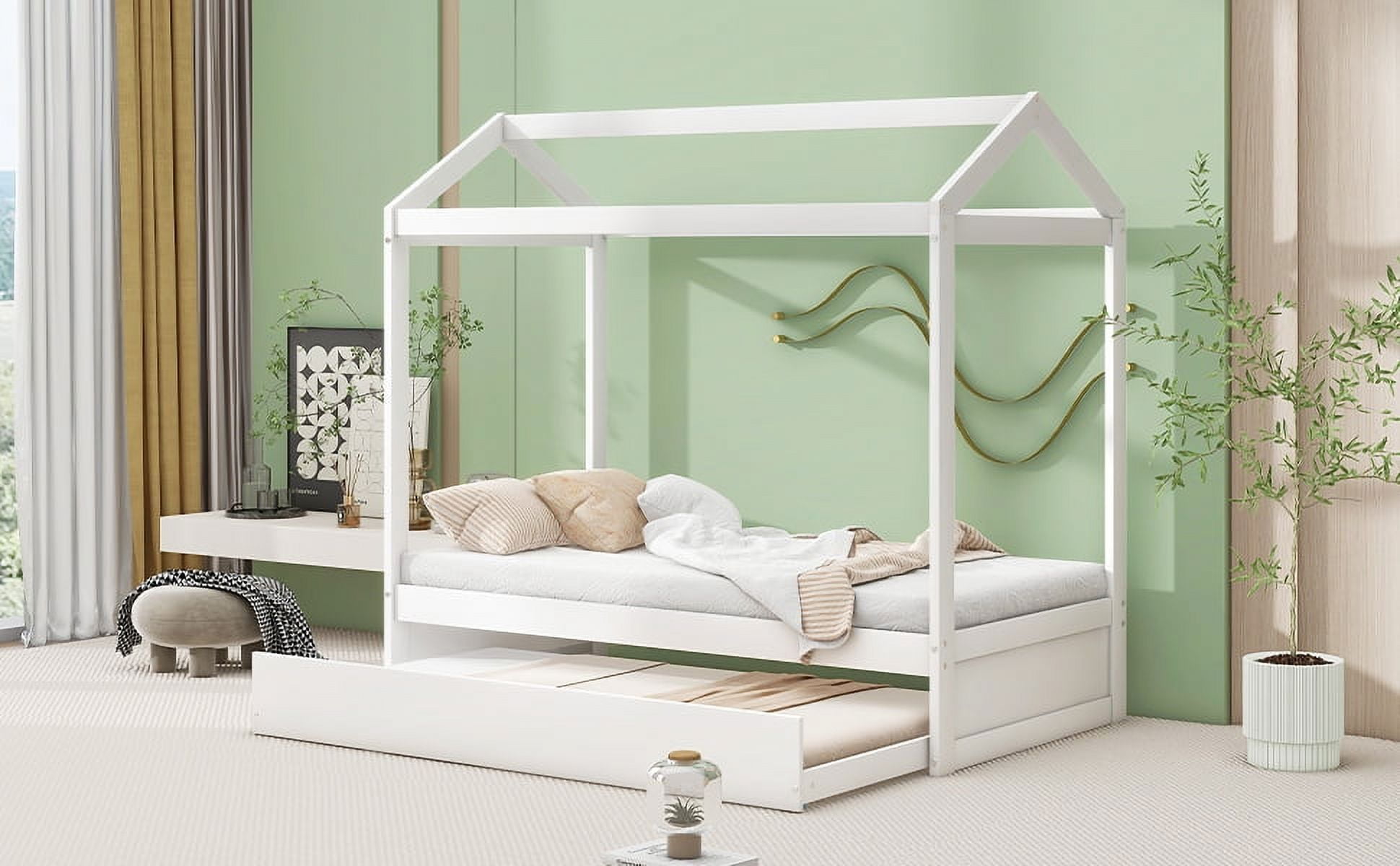 EUROCO Wood Twin Size Platform Bed, House Bed with Trundle, Solid Daybed for Kids Teens Toddler Bedroom