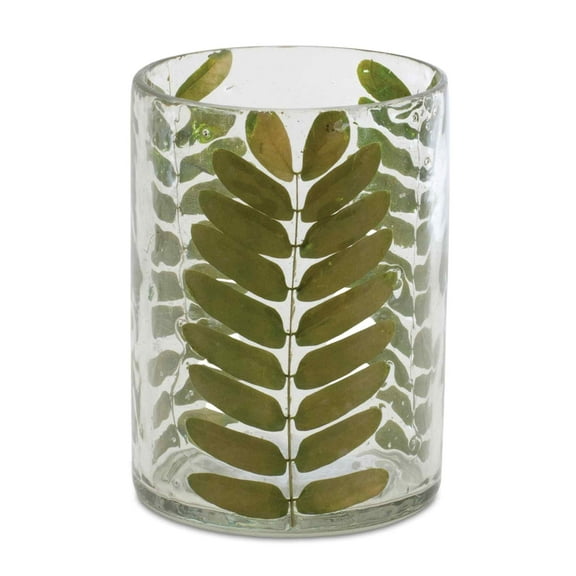 Melrose Dried Rowan Leaf Glass Candle Holders - 4" - Green and Clear - Set of 3
