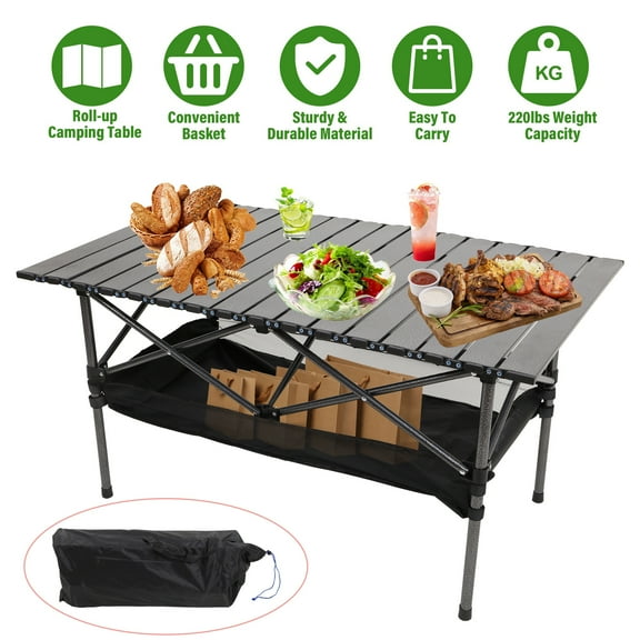 SHCKE Folding Camping Table Folding Outdoor Table Picnic Table, Portable Camping Table, Aluminum Roll-Up Camp Table for Outdoor Travel Backyards BBQ, with Carry Bag