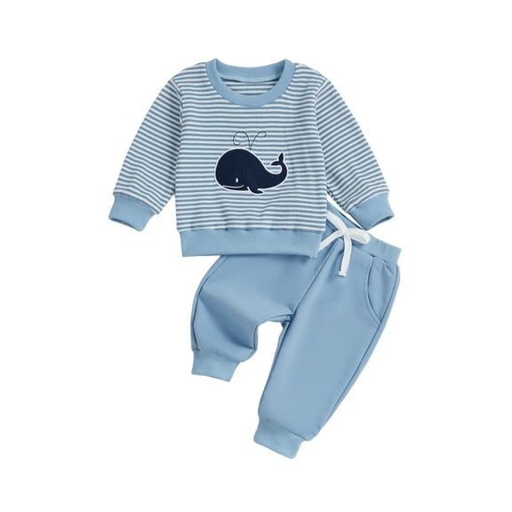 Miaouyo Toddler Baby Boys Fall Clothes Set 3 6 12 18 24 Months 2T 3T Fashionable Long Sleeve Whale Embroidery Striped Pullover with Solid Color Pants Outfits