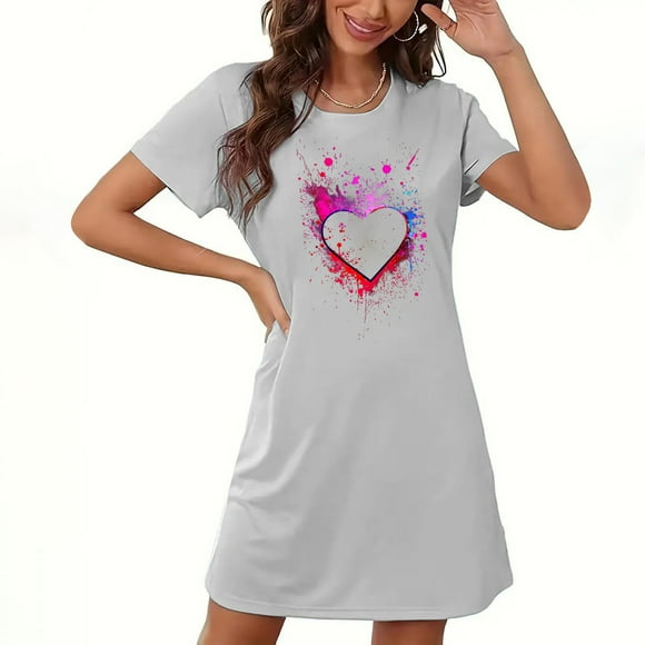 Xysaqa Women's Nightgown Short Sleeve Sleepwear Comfy Sleepshirts Loose Nightshirt House Dress Heart Printed Women Night T Shirt Summer Savings Gray XL