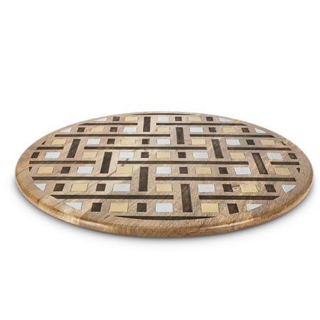 Gerson Mango Wood with Laser and Metal Inlay Weave Design Lazy Susan.