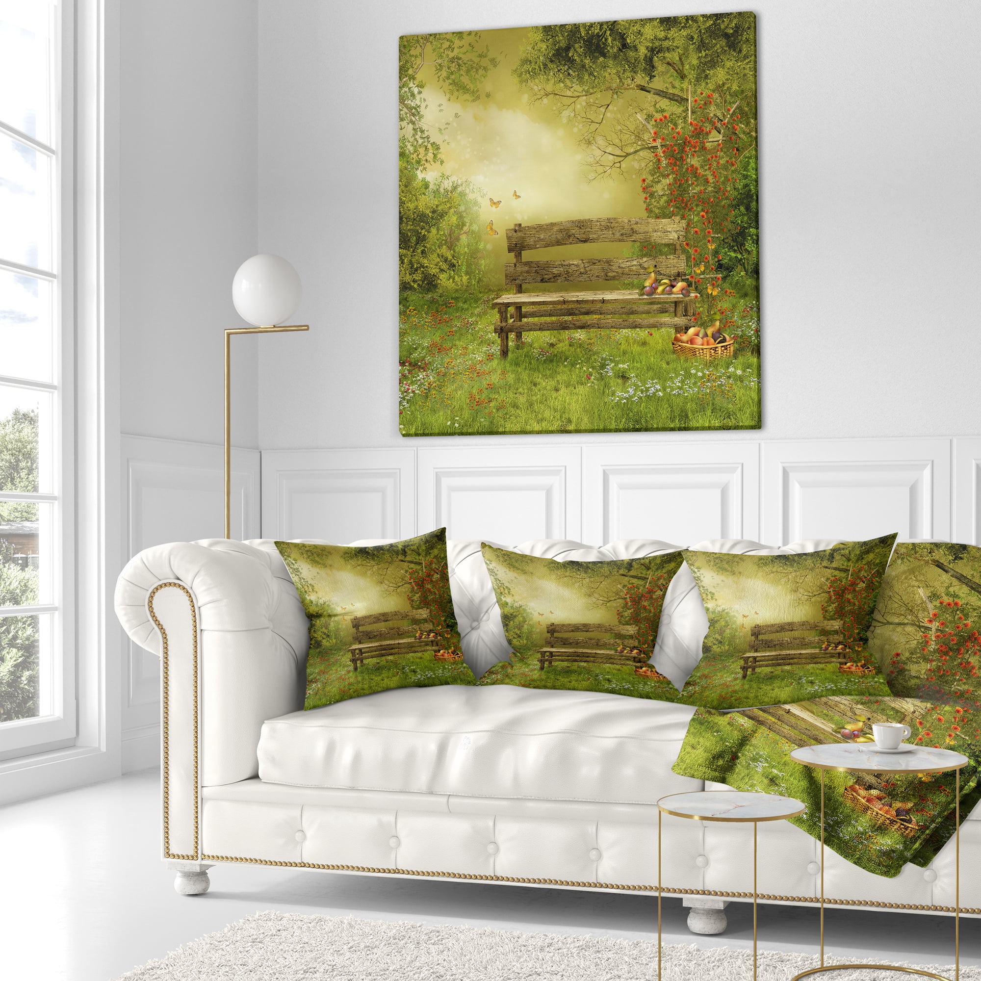 Designart Wooden Bench in Village Orchard - Landscape Printed Throw Pillow - 18x18