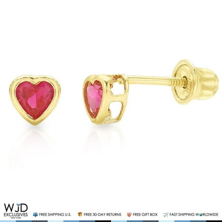 Heart Shaped Ruby Earrings - 14K Solid Yellow Gold Heart Shaped Bezel Set Ruby Screwback Stud Earrings 4mm
