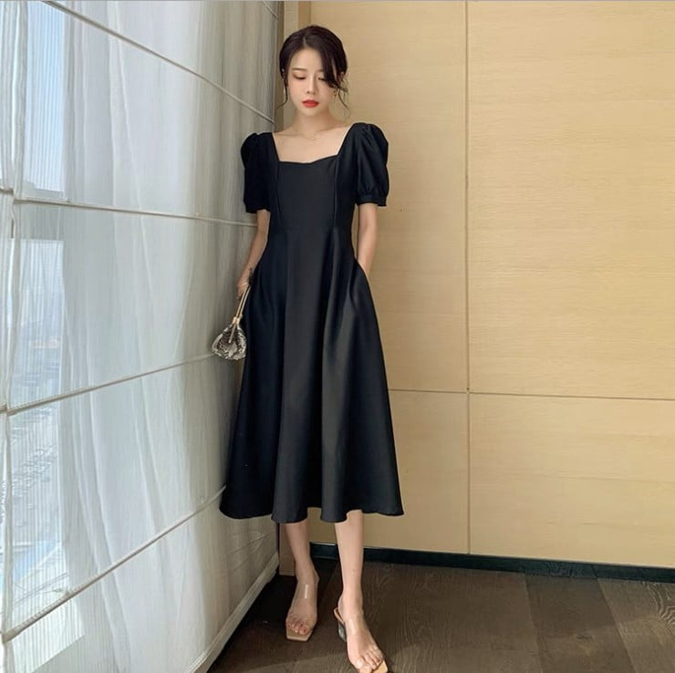 black dress with short puff sleeves Lainey Black Puff Sleeve Eyelet Smocked Mini Dress M / Black