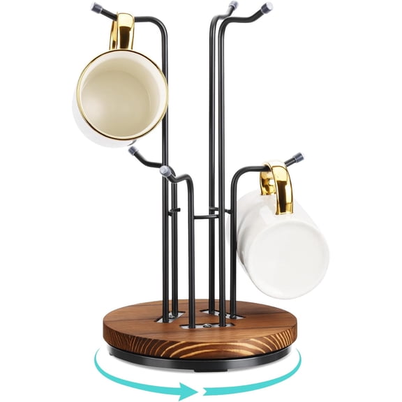 360° Rotating Mug Tree for Large Cups, Counter Coffee Mug Holder with 6 Hooks, Metal Coffee Cup Rack Stand for Countertop with Stable Wooden Base, Kitchen Counter Decor