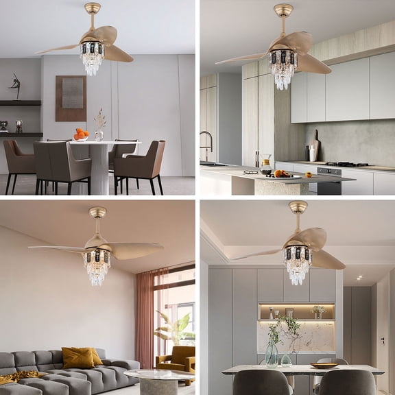 48" Crystal Ceiling Fan Light Remote Control Chandelier Retractable Fandelier