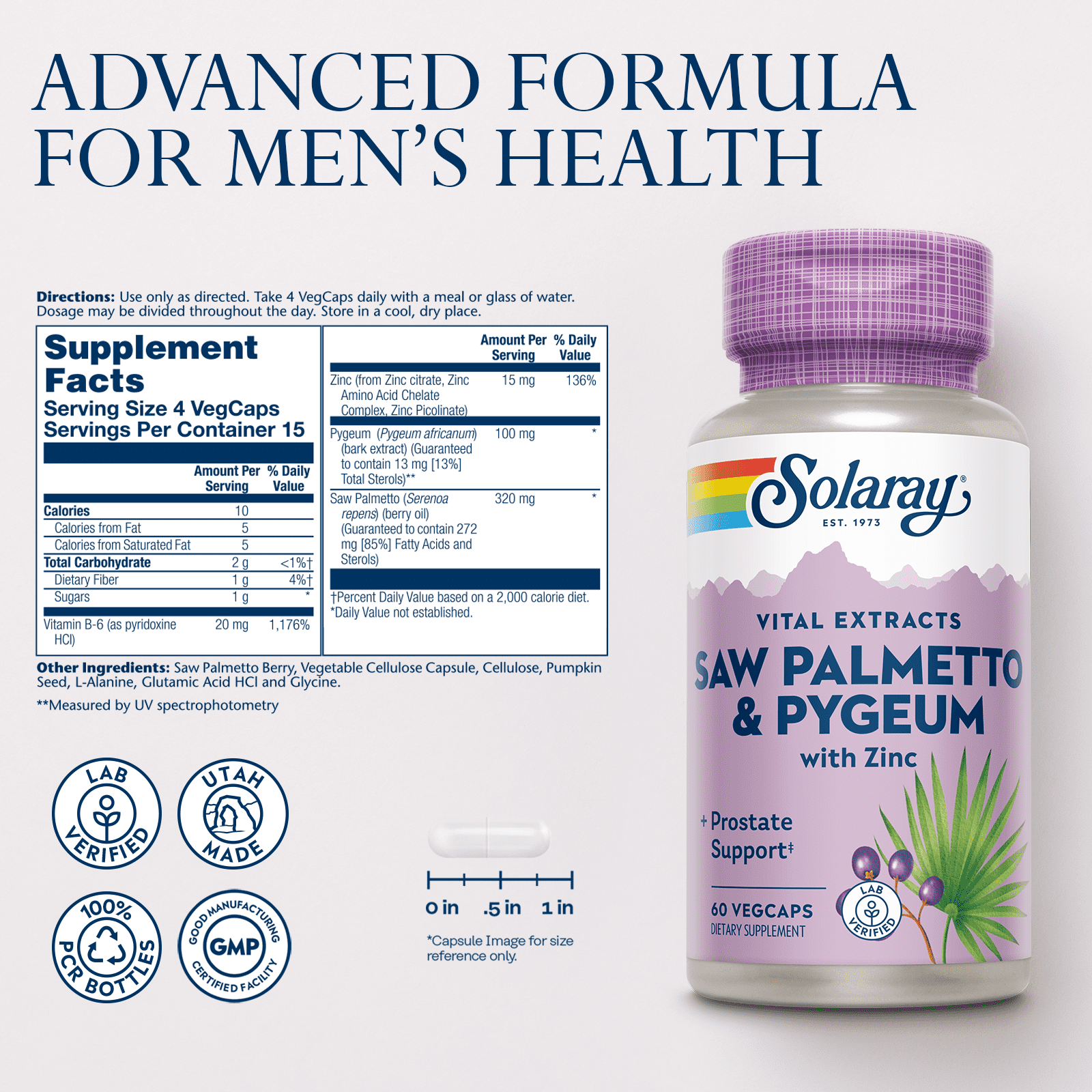 Solaray Pygeum and Saw Palmetto Berry Extracts | Mens Health & Prostate Function Support | Zinc, B-6, Pumpkin Seed & Amino Acids | 60 VegCaps