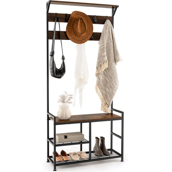 GOFLAME 72" Freestanding Hall Tree, 4-in-1 Coat Rack Shoe Bench with Top Shelf & 9 Removable Hooks, Industrial Coat Rack with Bench & Shoe Storage for Entryway, Hallway, Mudroom, Rustic Brown