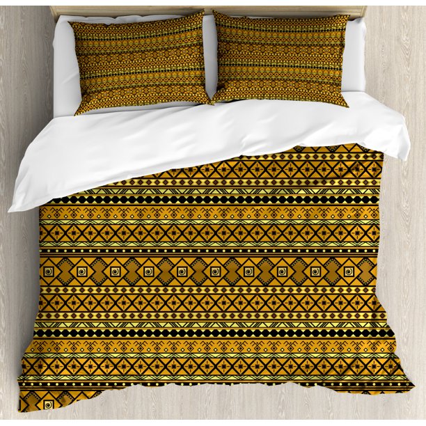 Tribal King Size Duvet Cover Set, Geometric Pattern with African Ethnic Origins Exotic Folk