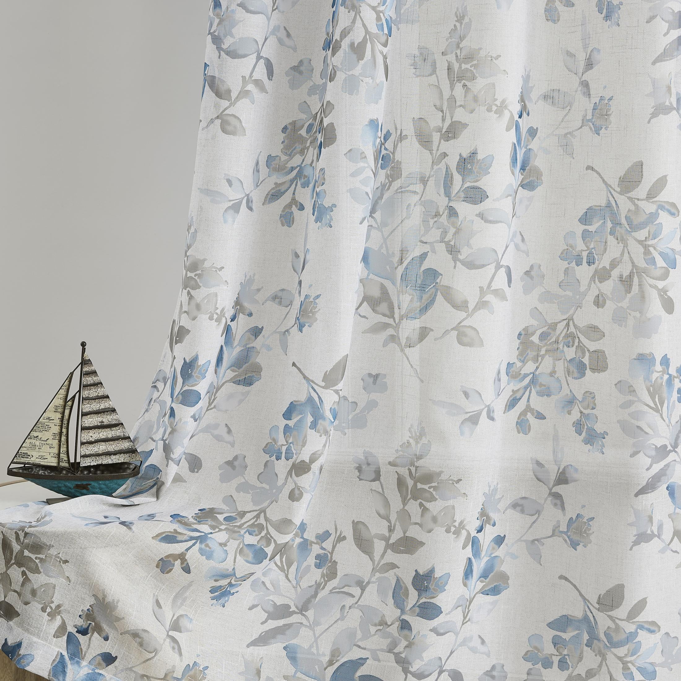 AZZCIA Sheer Curtains 52"x84", Blue Grey Botanical Leaf Print Linen Texture Grommet Drapes for Bedroom