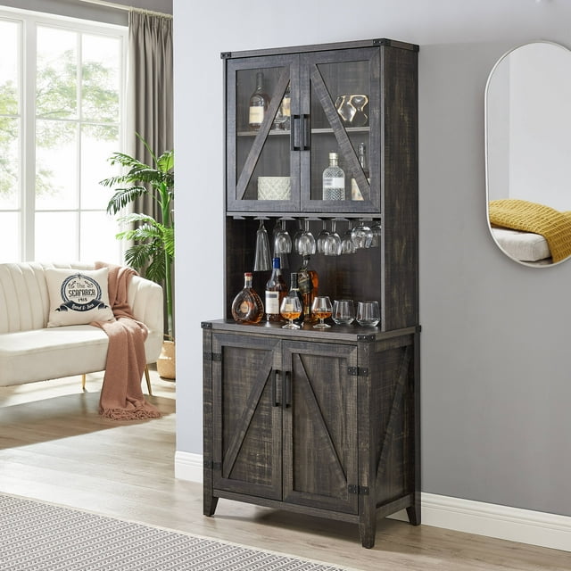 Gramercy Way Bar Cabinet with Upper Glass Cabinet in Charocal Finish ...