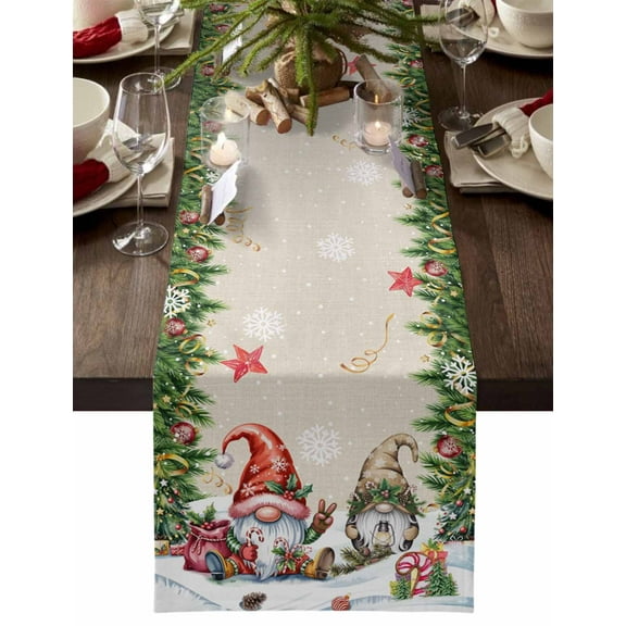 Beige Christmas Dresser Scarf Farmhouse, Dining Table Decorations for Wedding/Parties, Gnomes Xmas Tree Snowflake Gifts Table Runner 90 Inches Long for Kitchen Dining, 13 x 90 In