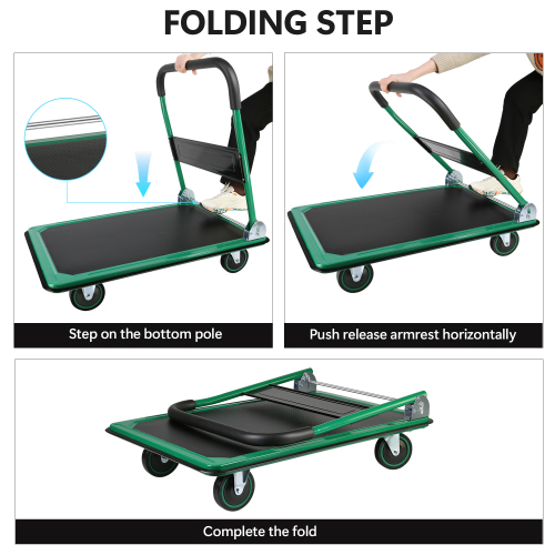 POWANLI Foldable Platform Truck, Push Dolly 660 LBS Weight Capacity, 360 Rolling, Folding Hand Truck for Luggage, Travel, Office, House (Green & Black) (35.4" x 24" x 34.6")