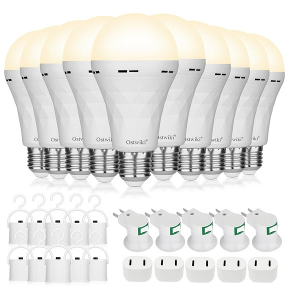 Ostwiki 10 Pack Rechargeable Light Bulbs, Emergency Light Bulbs for Power Outage Hurricane Camping 3000K Warm Light Battery Operated Light Bulb 9W E26 1200mAh Battery Backup Soft Light Bulb for Lamps