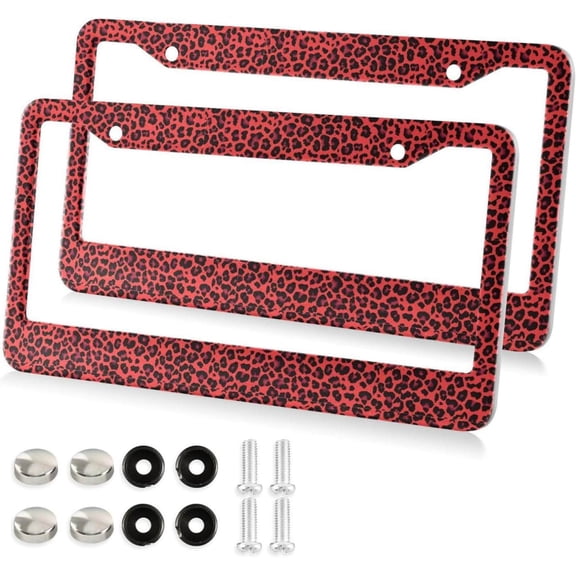 Red Leopard Print License Plate Frame, Decorative Aluminum Car Tag Frames, 2 Pack Universal Car License Plate Covers with 2 Holes and Screws
