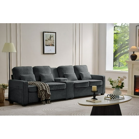 Modern Linen Fabric 114" Sofa with Console, 4-Person, 3 USB Ports
