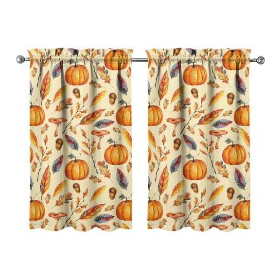 Fall Leaves & Pumpkins Tier Curtains Set of 2 - Harvest Season Design, Farmhouse Kitchen Window Panels, 27.5x39 Inch
