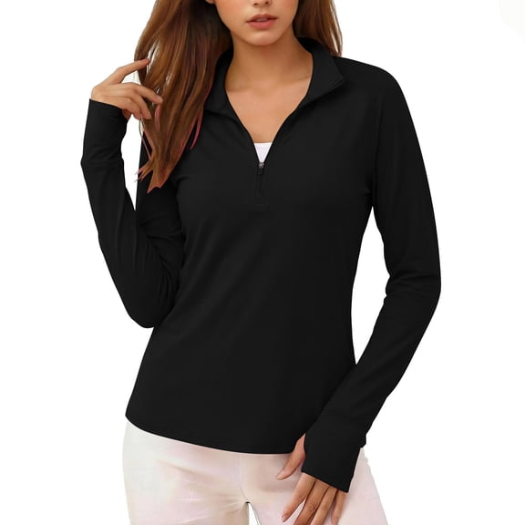 Women's Sun Protection Shirts Summer Cool Quick-dry Long Sleeve Solid Color Zipper Tunic Waist Gym Sweatshirt Black S