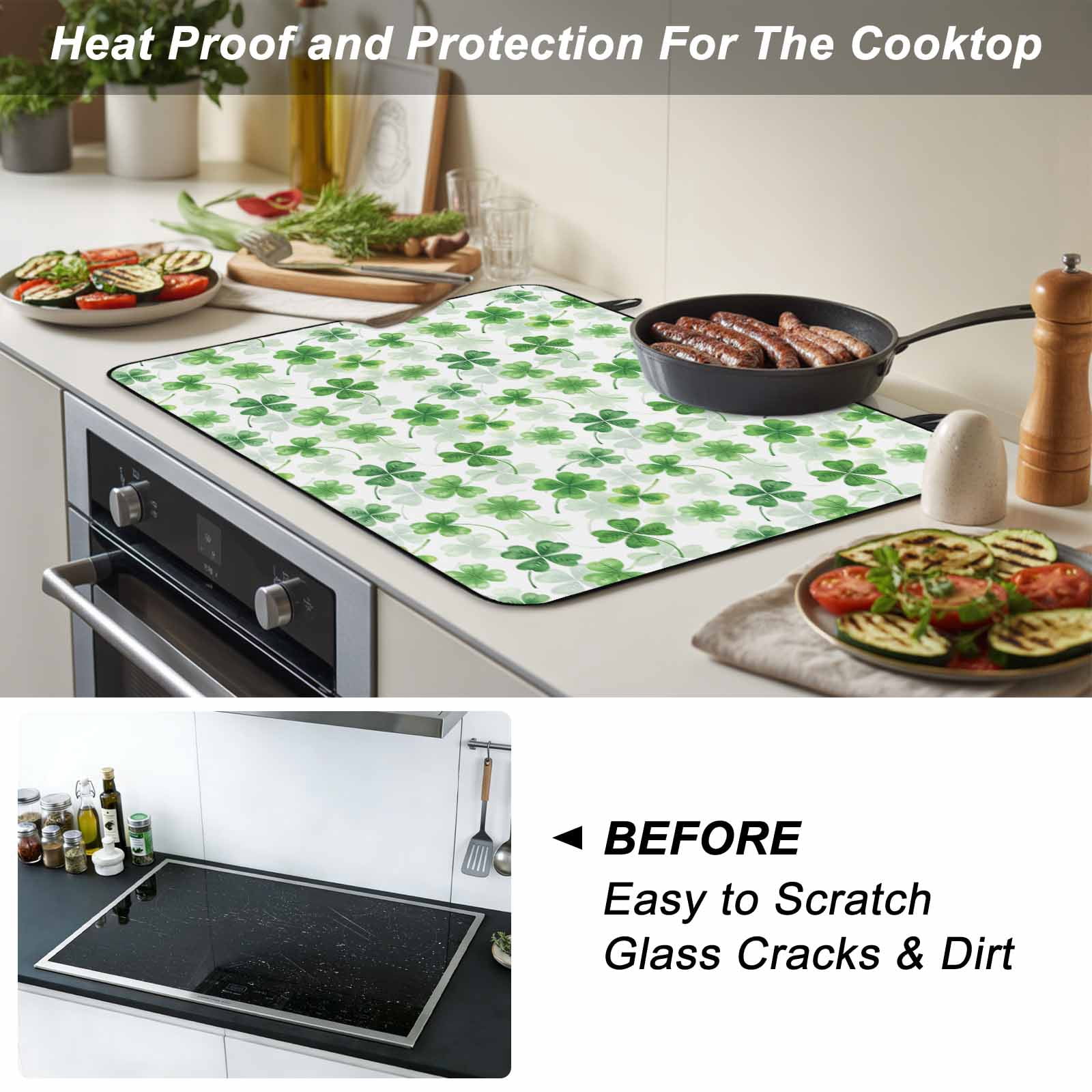 St. Patrick's Day Stove Top Cover for Electric Stove, Heat-proof & Non Slip Glass Top Stove Cover Protector, Lucky Shamrock Green Spring Plants Vintage Kitchen Flat Cooktop Rubber Mat 24x21 Inches
