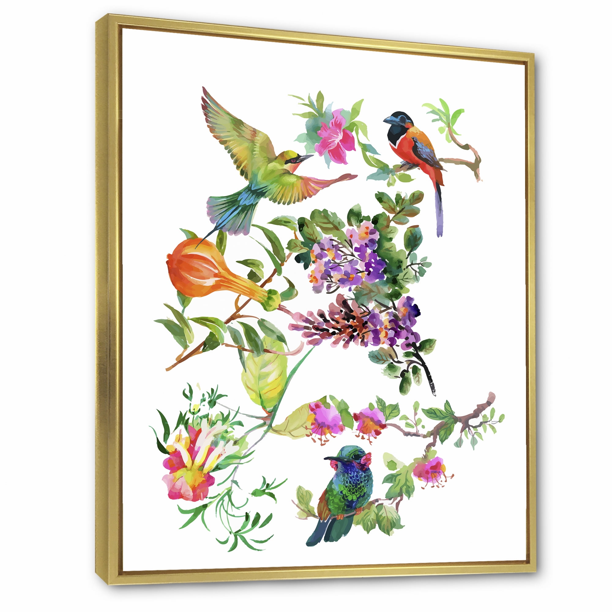Designart 'Colourful Birds and Tropical Flowers II' Traditional Framed Canvas Wall Art Print