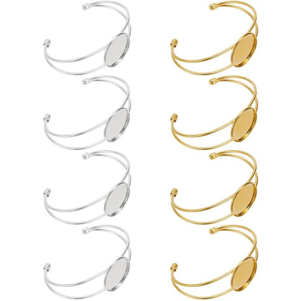8 piezas de brazalete en blanco con bisel de 25 mm, 2 colores oro y plata, base ajustable para brazalete con bandeja y engaste redondo para cabujón.