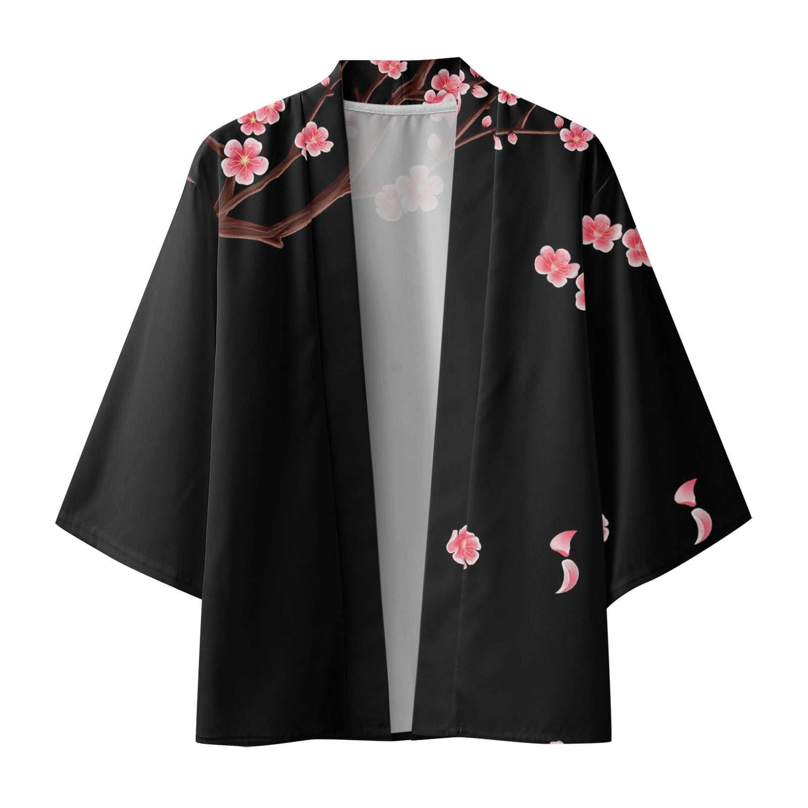 メンズ♥ブラック♥チェリー♥ブロッサム♥キモノ♥カディガン3<4♥スリーブオープン♥フロント Men's Cherry Blossom Print Cardigan – Semi-Long Sleeve Open Front