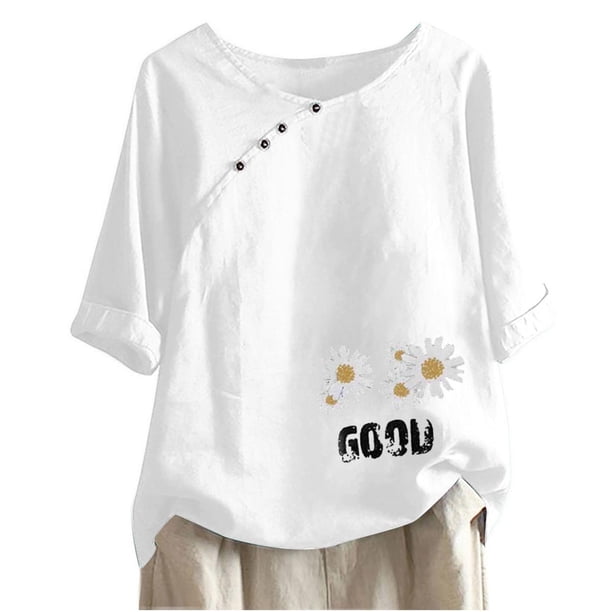 Blusas de Manga Corta para las Mujeres Impresas Cuello Redondo Camiseta Casual, Blusa de Algodón de Imitación para las Mujeres