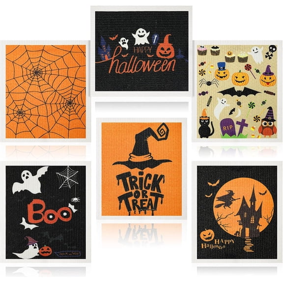 6 Pcs Halloween Swedish Dish Towels Pumpkin Ghost Witch Printed Kitchen Towels Washable Reusable Absorbent Fast Drying Cleaning Cloths for Home Halloween Party Decor