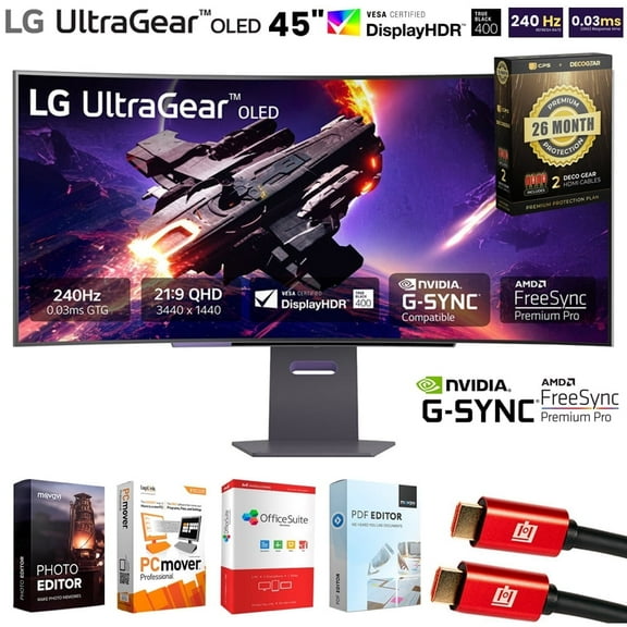 LG 45 inch UltraGear 1440p 240 Hz OLED Curved Gaming Monitor Bundle with Tech Smart USA Elite Suite 18, 2x HDMI Cable & Deco Gear CPS Exclusive 26 Month Protection Pack (BEACH-CPS-26M2000)