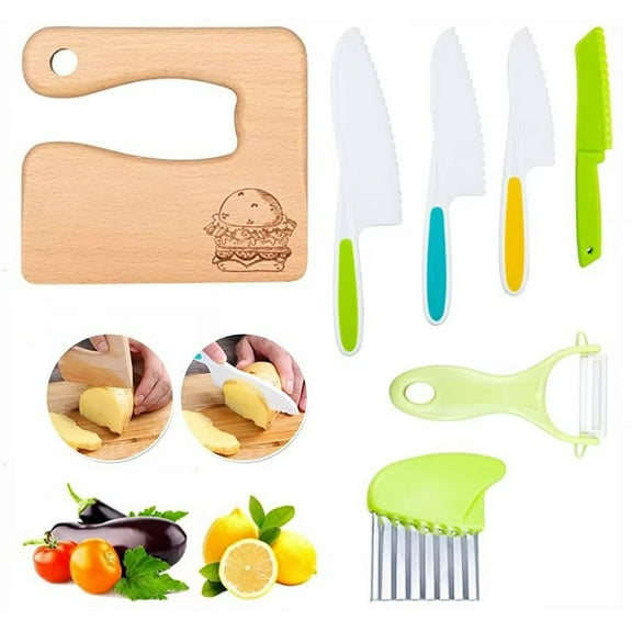 7 Pcs Wooden Kids Kitchen Knife Include Toddler Wood Kids Safe Knives for Real Cooking Plastic Cutting Board Potato Slicers Cooking Knives Serrated Edges Toddler Knife for Kitchen(Hamburger)