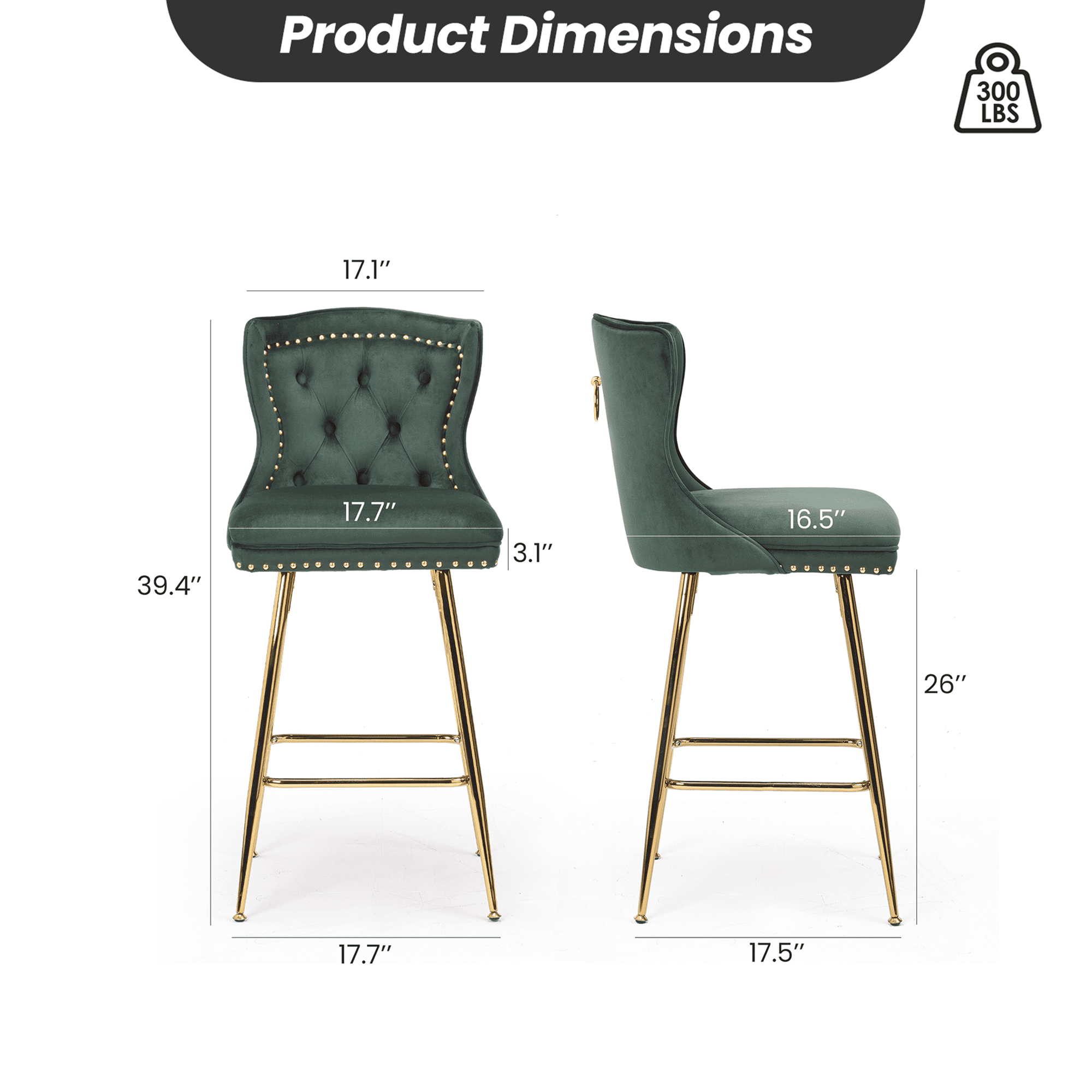 MAYEERTY Green Velvet Bar Stools Set of 2, Button-Tufted Wing-Back,Metal Legs for Kitchen Island & Pub