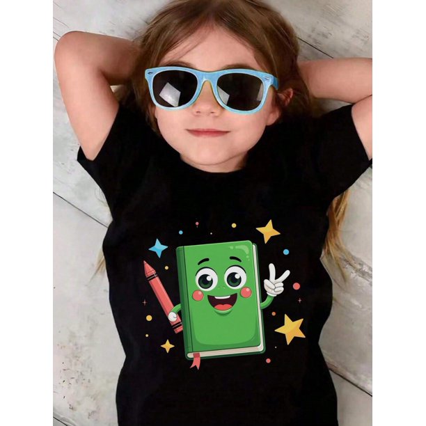 Girls & Boys Book Stars and Crayon Cotton Graphic Tees, Back To School Clothes Girls, Black Fun Summer Shirts With Cartoon Design, Gift For First Day of School, Round Neck Short Sleeve T-Shirt