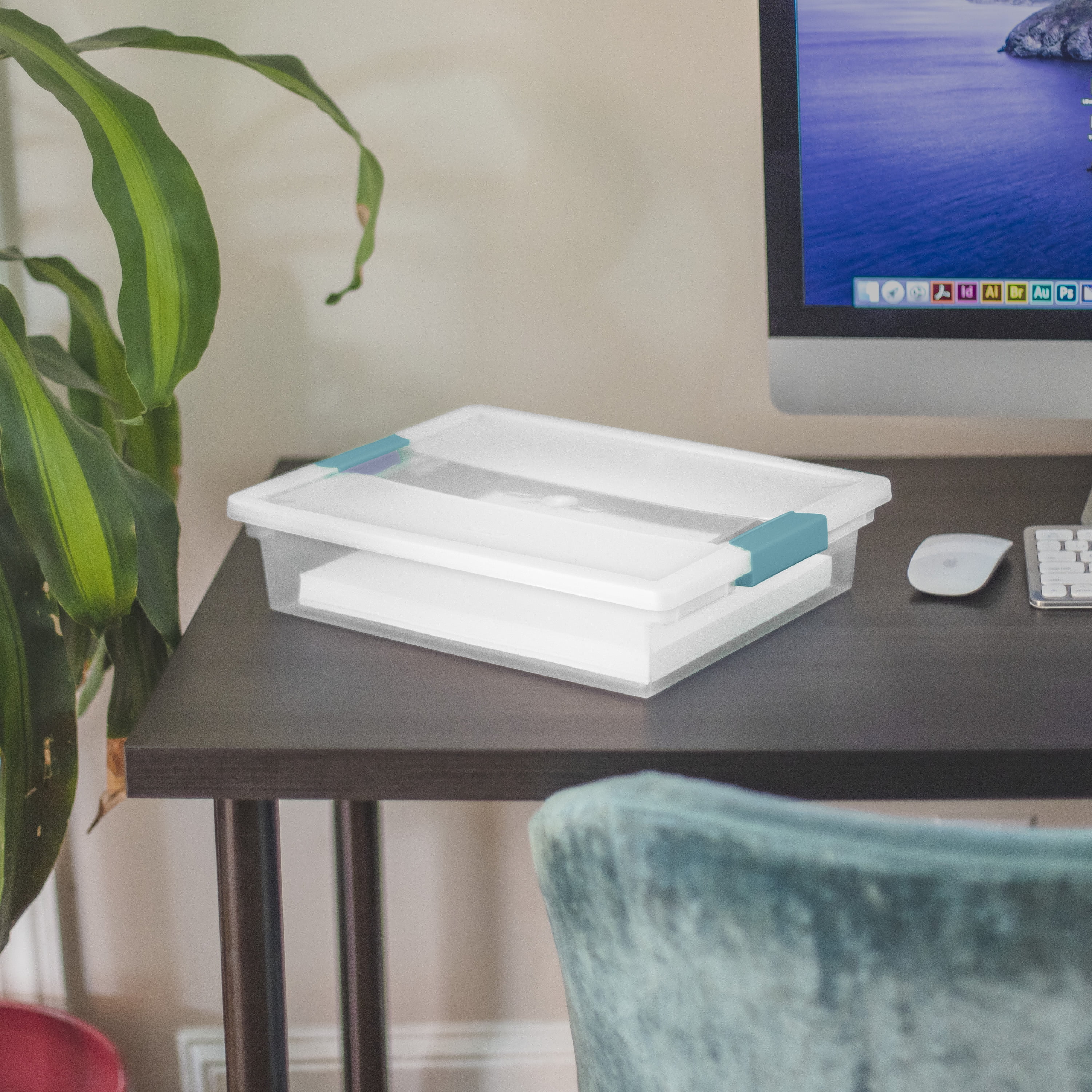 Sterilite Plastic Storage Bin / Large Clip Box, 14” L x 11” W x 3 1/4” H, Aqua Haze