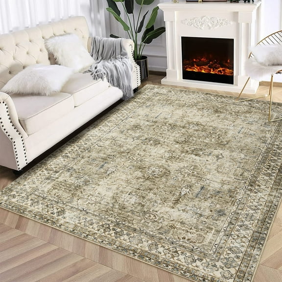 Haperlare 8x10 Vintage Area Rug Washable Rug for Living Room, Oriental Floral Rug Non-Slip Low Pile Rugs for Bedroom Dining Room, Brown