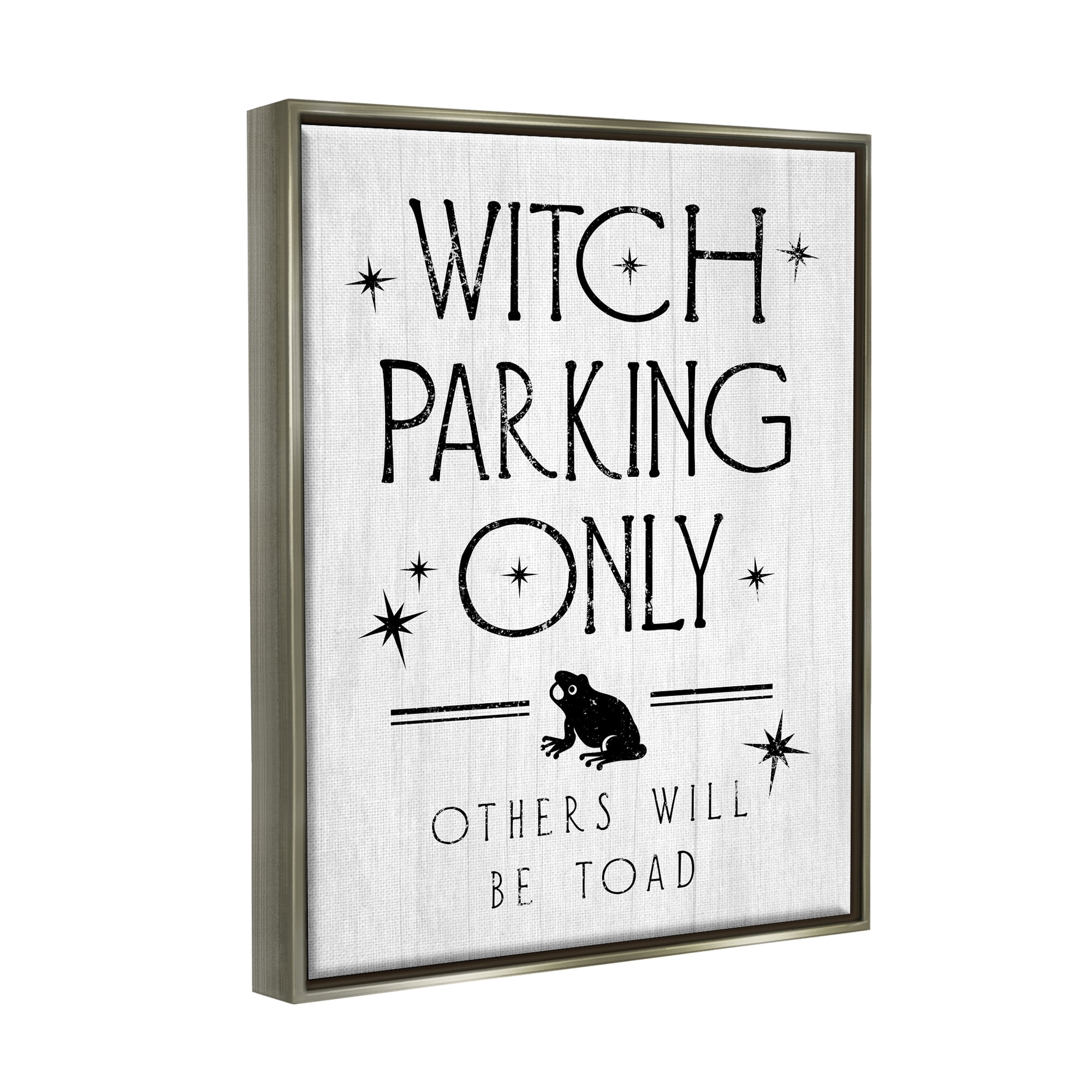 Stupell Industries Witch Parking Humorous Halloween Toad Grain Pattern Graphic Art Luster Gray Floating Framed Canvas Print Wall Art, Design by Daphne Polselli