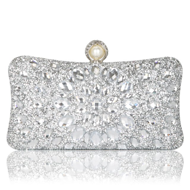 Bolso de noche para mujer, hermoso bolso de mano con diamantes de imitación brillantes, plateado