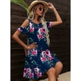thumbnail image 4 of CALIPESSA Womens Summer Floral Print Cold Shoulder Short Sleeve Round Neck Flared Tunic A-Line Dress, 4 of 5