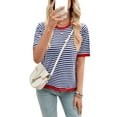 thumbnail image 3 of Womens Tops Casual Summer Crewneck Short Sleeve Striped Color Block Knit High Low Trendy Pullover Sweaters Navy Blue Red XXL, 3 of 9