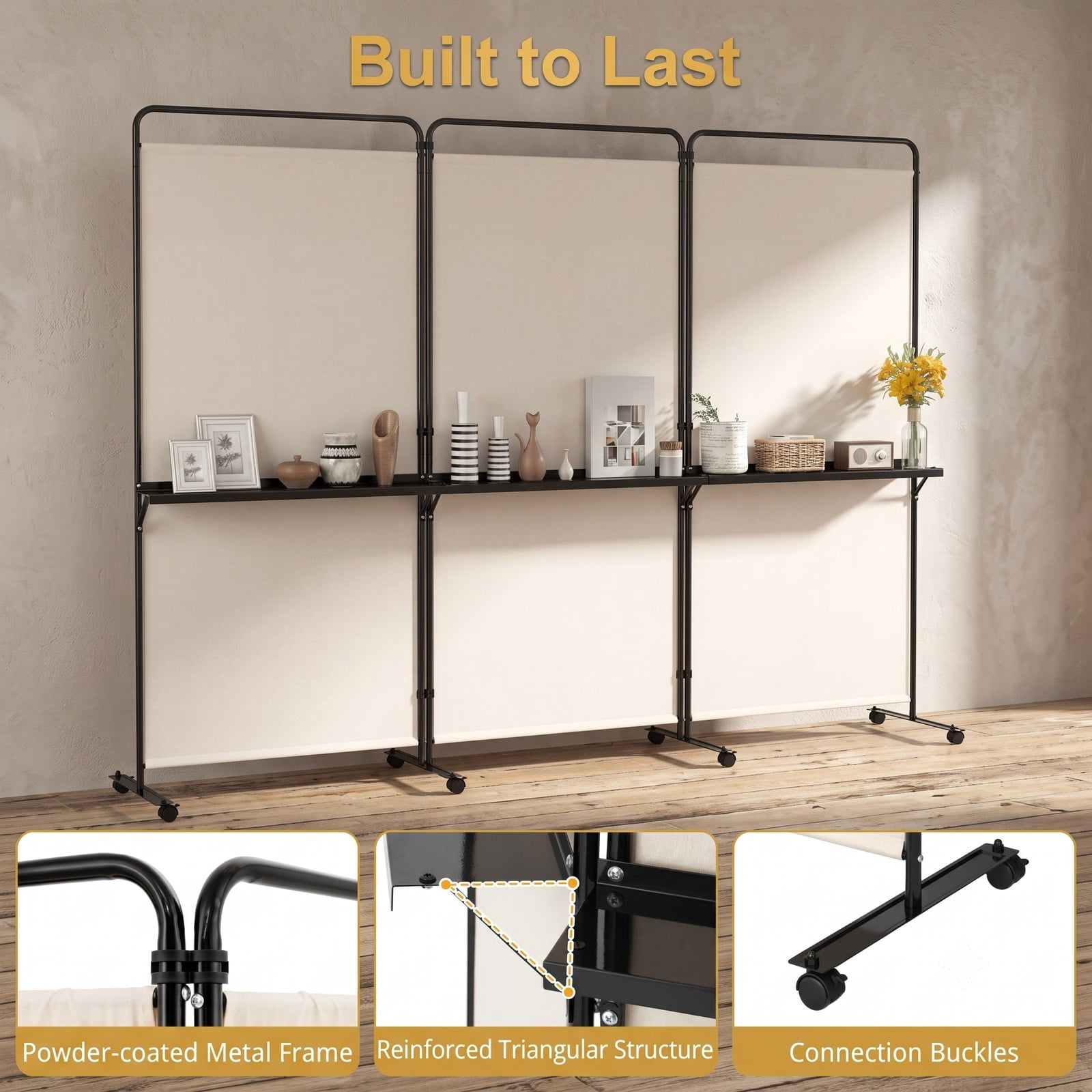 ALPULON 3-Panel Room Divider with 3 Shelves, 6 FT Tall Folding Privacy Screen Freestanding Partition with Lockable Wheels for Living Room Bedroom Office, White