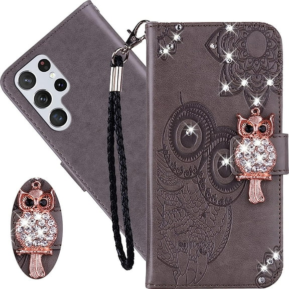 for Samsung Galaxy S23 Ultra (Not S23) Wallet Case for Women, Glitter Bling Diamond PU Leather Folio Cover with Card Slot Wrist Strap Phone Case for Samsung Galaxy S23 Ultra Owl Grey
