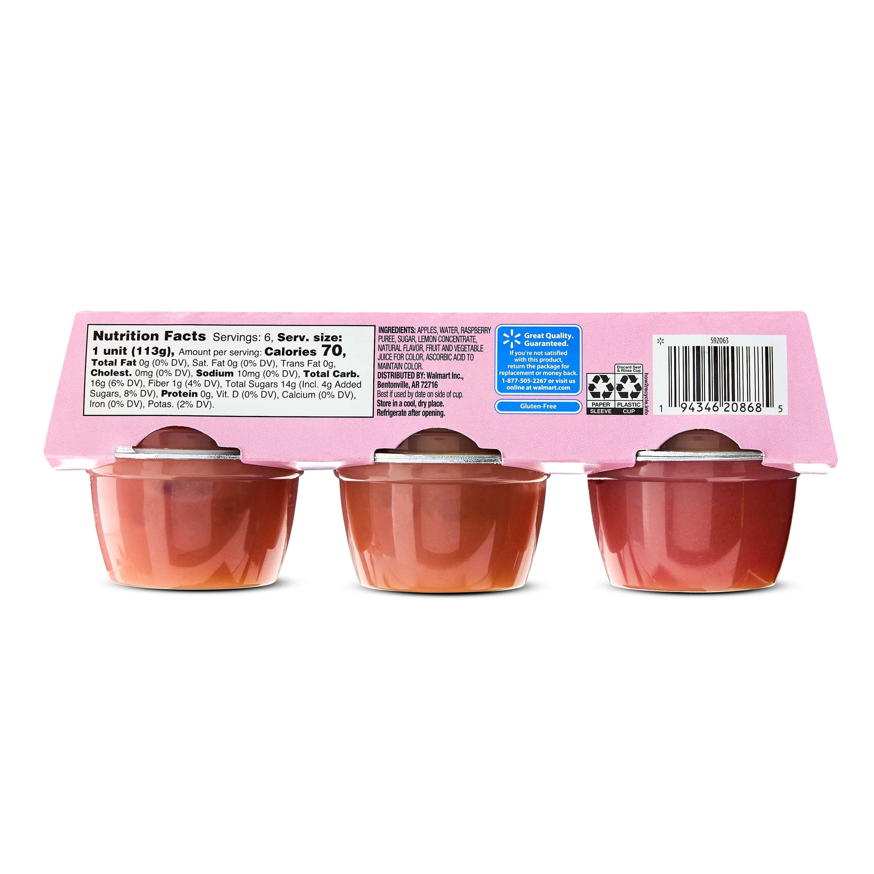 (4 pack) Great Value Raspberry Lemonade Applesauce, 4 oz, 6 Count
