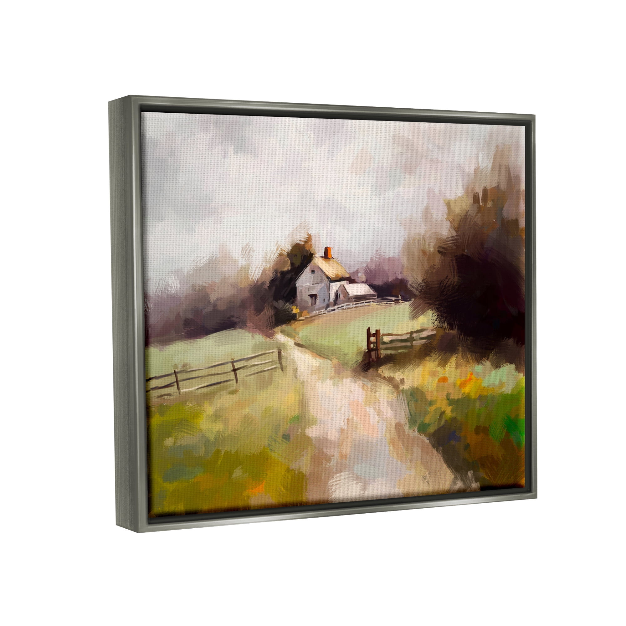 Stupell Industries Country Barn with Fence Landscape Painting Gray Floater Framed Canvas Art Print Wall Art, 21 x 17