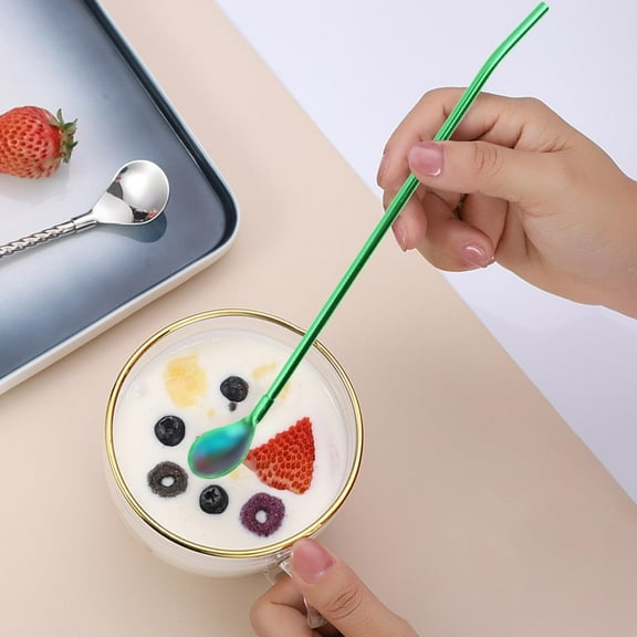 Drinking Straw 304 Stainless Steel Straw Spoon Integrated Dual Purpose Fruit Milk Tea Beverage Long Handle Spoon Metal Stirring Spoon, Kitchen Straw