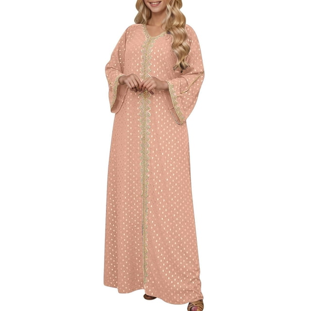 Abaya Robe pour Femmes Vêtements Musulmans Islamiques Eid Ramadan Robes Col en V Robe Bronzante Rétro Kaftan Longueur Complète